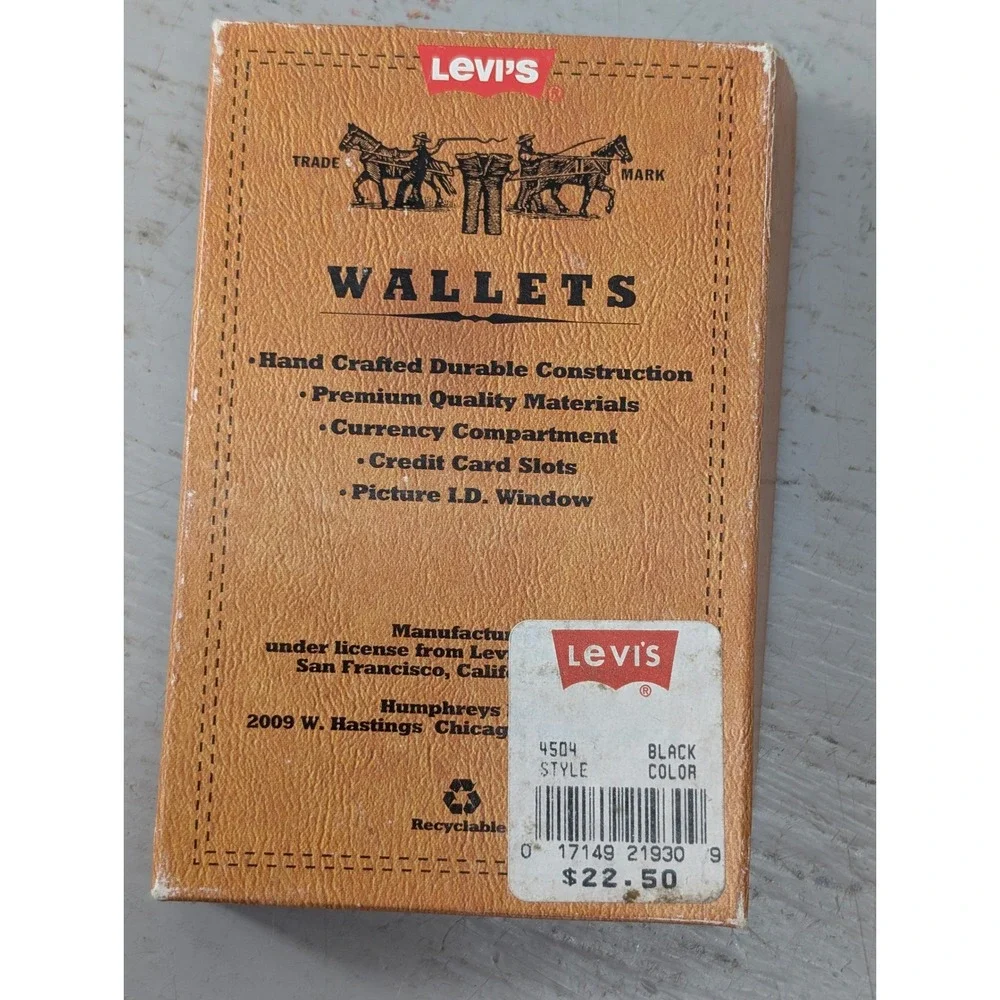 Levis Mens Black Leather Trifold‎ Wallet Vintage Style 4504 New Old Stock